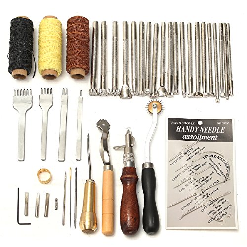 CCChaRLes 48 Pcs Outils De Bricolage En Cuir Kit Couture À La Main Couture Poinçon Sculpture Selle De Travail