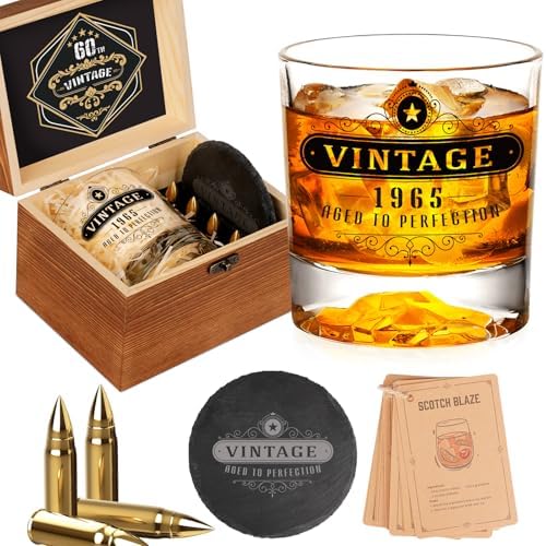 Oaksea 60th Birthday Gifts for Men Dad, Vintage 1965 Whiskey Glass Set, 60th Birthday Retirement Decorations, Anniversary Bday Gifts Ideas for Him Husband Dad, Whiskey Stone with Coaster