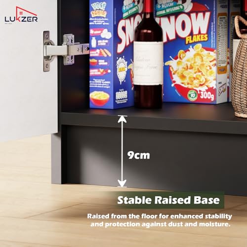 Image of Lukzer 4-Tier Kitchen Organizer Rack & Storage Cabinet (SR-003 /Black) Engineered Wood Multipurpose Kitchen Rack & Storage Shelf with Door, Modern Pantry Cabinet for Dining & Living Room (92x30x60 cm)