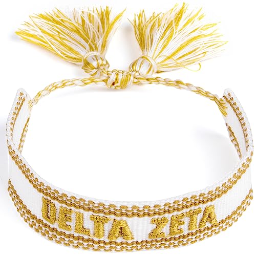 Sorority Shop Delta Zeta Bracelet — Woven Bracelet, White and Gold Design with DZ Sorority Name and Tassels, Greek Sorority Jewelry and Big Little Sorority Gifts