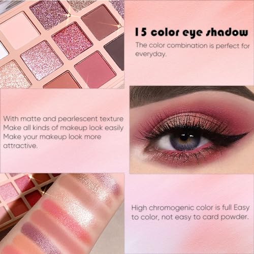Eyeshadow Pink Eye shadow Palette, Make-Up Palettes Shimmer Glitter Matte Shadows Pallets for Women, 15 Color Pink Brown Natural Long Lasting Highly Pigmented Eyeshadow Palette - Image 3
