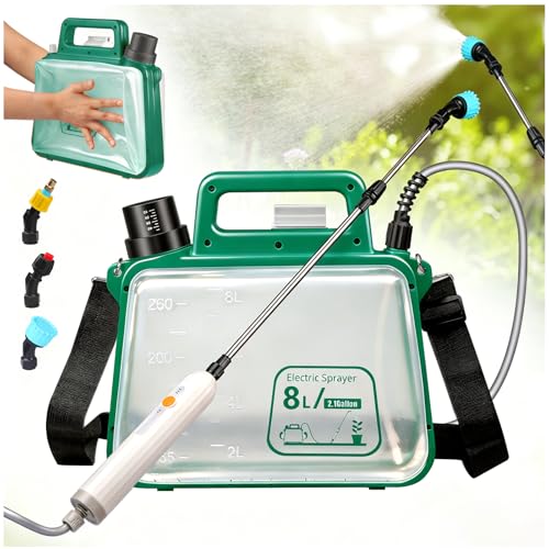 8L Akku Drucksprüher Faltbar, Drucksprüher Akku mit 2500mAh Akku, 3 Sprühdüsen, Teleskoplanze, USB Wiederaufladbar, Drucksprüher 8 Liter für Garten, Pflanzenpflege, Bewässerung, Reinigung
