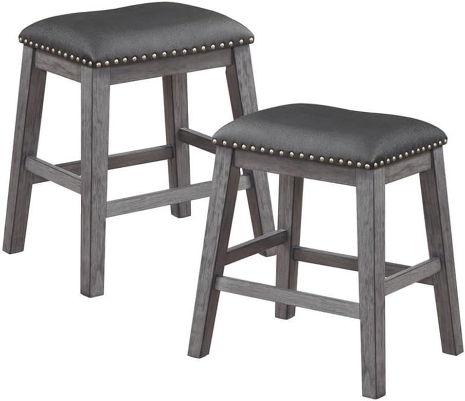 Pemberly Row 24" Wood Saddle Stools for Bar Table, Counter Height Backless Chairs with Upholstered Seat for Small Spaces, Farmhouse Pub Stools for Kitchen, Distressed White, Set of 2