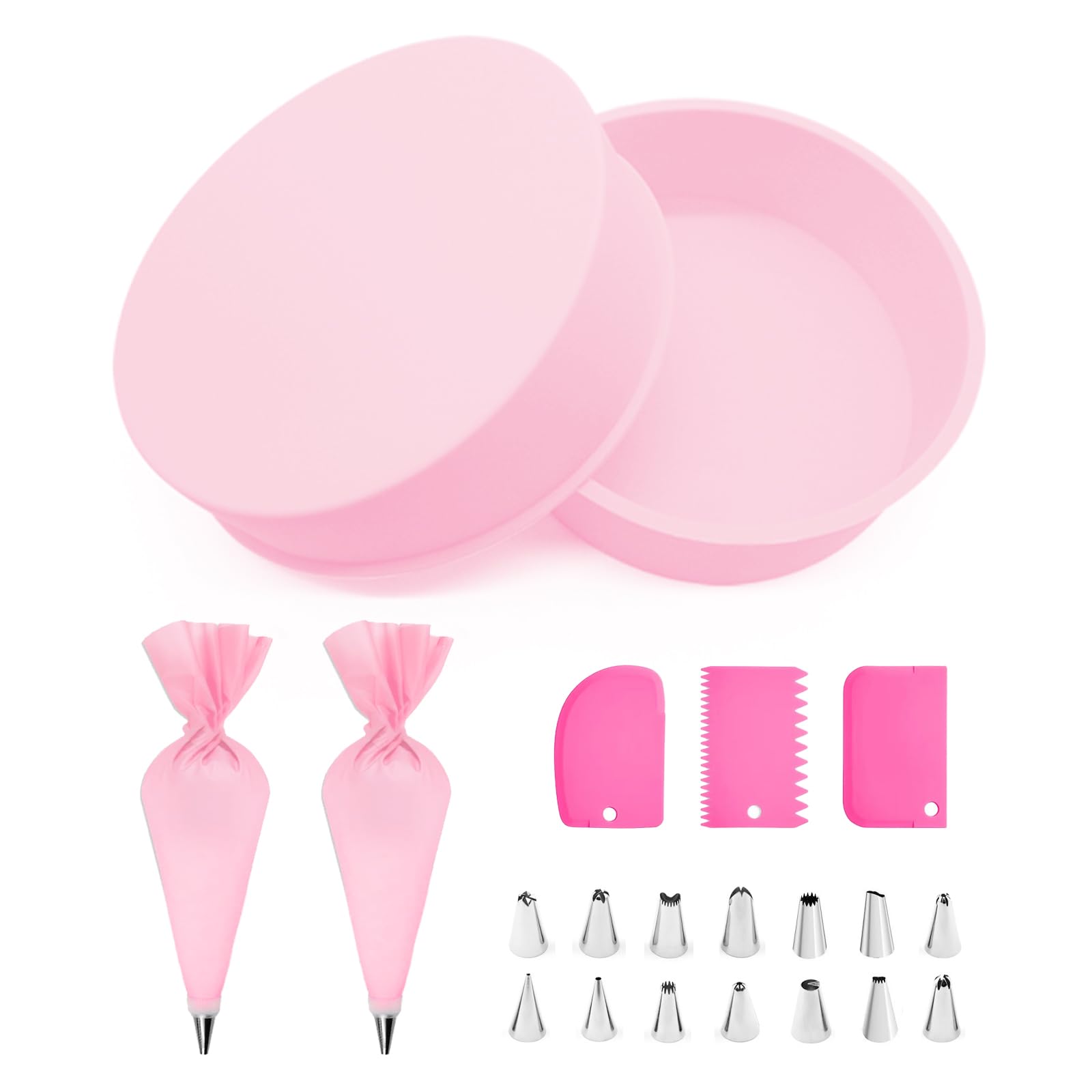 TRUEIN Silikon Backform Set - 2x 20cm Rundformen & 21-teiliges Spritztüllen Set