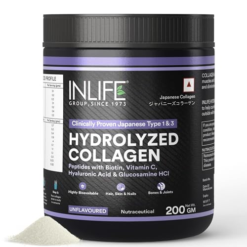 Image of INLIFE Japanese Hydrolyzed Collagen Peptides Powder Clinically Proven Ingredient, Type 1 & 3, for Men & Women (Unflavoured, Collagen, 200g)