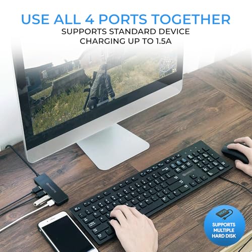 Image of Amkette 4 Port Superspeed USB Hub 3.0 for PC /Laptops, Portable Data Hub with Hi-Speed Data Transfer Up to 5 GBPS, Charging Function| Strong and Durable, Power Supply Port and 80 cm Long Cable (Black)