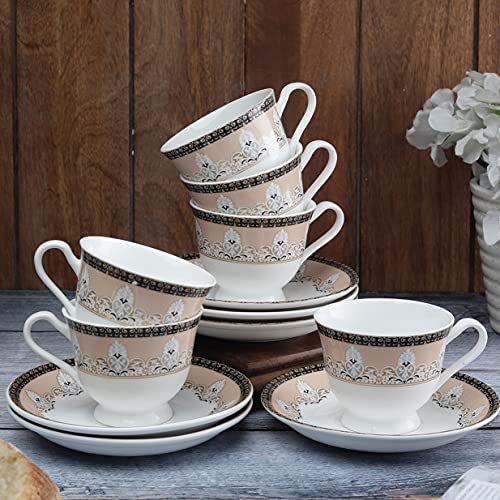 Image of Clay Craft Fine Ceramic Cup and Saucer Set of 12 (6 Tea Cups + 6 Saucers) Can Be Used for Birthdays, Anniversaries, Parties, Mother, Father, Sister, Beige Brown, Medium (CC-CS12-NEWGEORGIAN-S399)