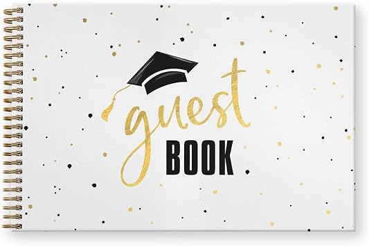 Hardcover Black Faux Gold Graduation Guestbook / 120 Lined Guest Signature Pages Inside / 5.5" x 8.5" Landscape Lay Flat Gold Metal Spiral Binding Gender Neutral Grad Party Decor