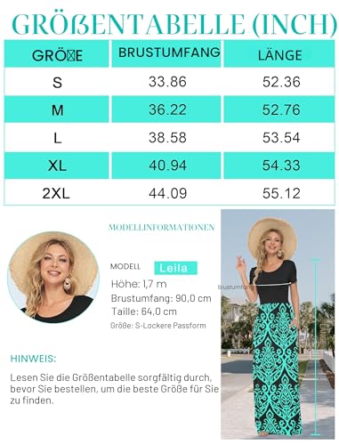 AUSELILY Damen Kurzarm Sommer Casual Long Maxi Kleider mit Taschen Schwarz Blätter M – Ansicht 6