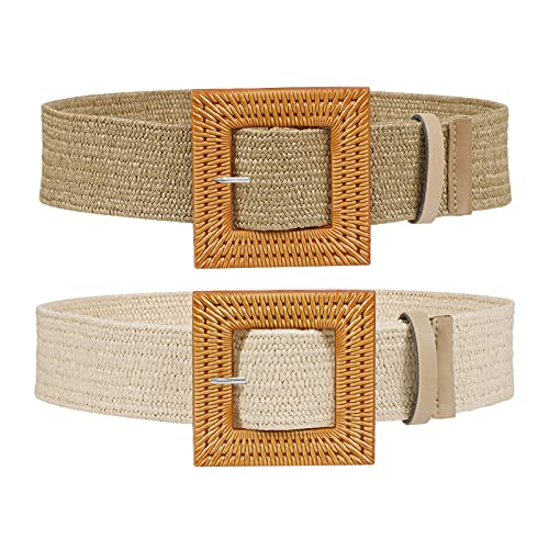 2 Pieces Straw Woven Elastic Stretch Waist Belt for Women Summer Boho Wide Waist Dress Band Braided Belts