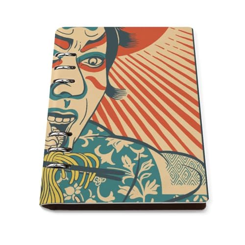 ノート システム手帳 ラーメン 拉麺 侍 レトロ 浮世絵 バインダーノート メモ帳 PUレザー A5サイズ 手帳 スケジュール帳 日記帳 詰め替え可 文房用具 6穴 90枚紙 ルーズリーフ式