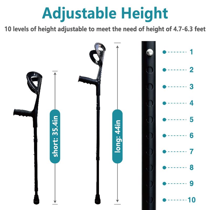 Béquilles pour adultes hommes (x2 unités, poignet ouvert), béquilles de coude pour femme, marche réglable, noir ou pliable