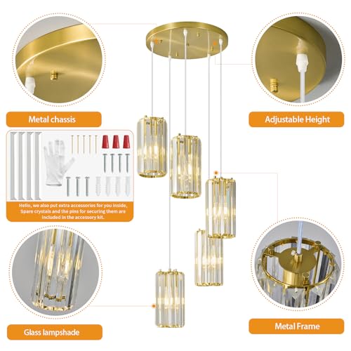 Image of Gold Pendant Lighting Modern Pendant Light, Mini Crystal Chandeliers,Adjustable Pendant Light Fixture for Kitchen Island Dinning Room Corridor Bedroom(Gold 5-Light)