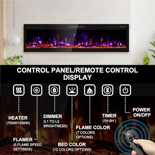 Image of Zionheat 68 inch Wide Screen Electric Fireplace-Wall Fireplace for Living Room-Fireplace Inserts /Wall Mounted with Remote Control, Timer, Dimmer, 12 Flame Colors, 750 /1500W