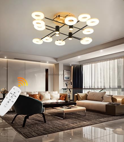 Lámpara de Techo LED Moderna, 110 cm/180 W, Color Negro y Dorado, para salón, con Mando a Distancia Regulable, Colgante Redondo (con Foco), Ideal para dormitorios y Ambiente (110 c