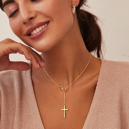 cross necklace for women 14k goldsilver plated dainty infinity long pendant charm necklace trendy non tarnish waterproof jewelry simple religious christian baptism faith jewelry gifts christmas stocking stuffer