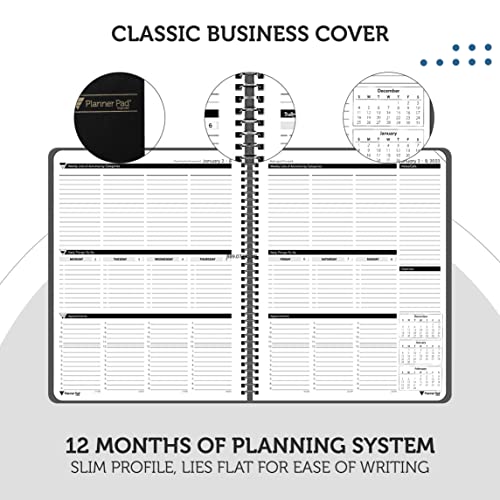 Planner Pad Spiral Bound 3-Tier Funnel Down 12 Month Organizer, Calendar Year (January-December 2023), Black Cover/Black Ink, 8 1/2" X 11" #TOP2