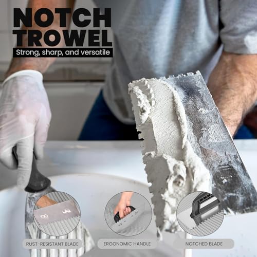 Image of The Decor Co. 9.1 inch x 4 inch Trowel with Heavy Duty Notched Blade Beveled Edge & Non-Slip Wooden Handle Grip Wall Hand Level Tools for Plastering Cement Finishing Putty (Pack of 1)