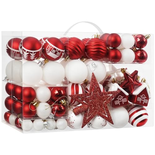 yazi 豪華105点セット クリスマス ボール クリスマスツリー オーナメント ゴールド デコレーション 雪だるま・トップ星・雪の華 おしゃれ ボールセット クリスマス オーナメント 北欧 クリスマスツリー 飾り付け ゴージャスな配色 レッド