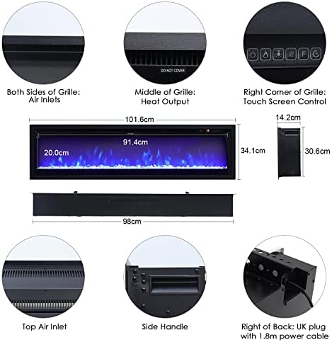 INMOZATA Electric Fire Wall Mounted/Recessed/Freestanding 102cm Electric Fireplace with Remote & Touch Screen Control 9 LED Color Flame Effect, 2 Heat Settings 900W&1800W, Crystal & Log Set