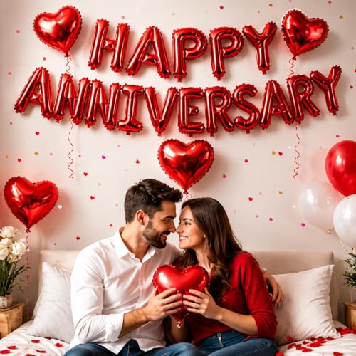 Image of Glaze Happy Anniversary Foil Balloon Decoration | Red Letter Balloons for Anniversary Party Decorations, Wedding Anniversary Celebration Supplies.