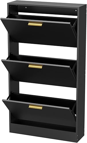 Miniatura 8 de JOZZBY Armario de almacenamiento para zapatos con 3 cajones abatibles para entrada, limo negro, organizador de zapatos moderno y estrecho para