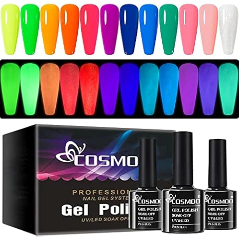 COSMOO 12PCS Glow in The Dark Gel Nail Polish, Luminous Neon Gel Nail Polish Set Hot Pink Yellow Purple Blue Fluorescent Bright Gel Polish with Glow Effect for Halloween (Neon Grow In The Dark Polish) Cover
