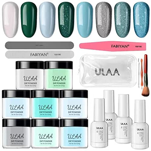 ULAA dipping powder nail kit 8 colors chrismas kit Fall Winter Acrylic Dipping Powder System Liquid Set with Base & Top Coat Activator Dip Nail Kit French Nail Art Beginner Manicure Tools DIY Salon