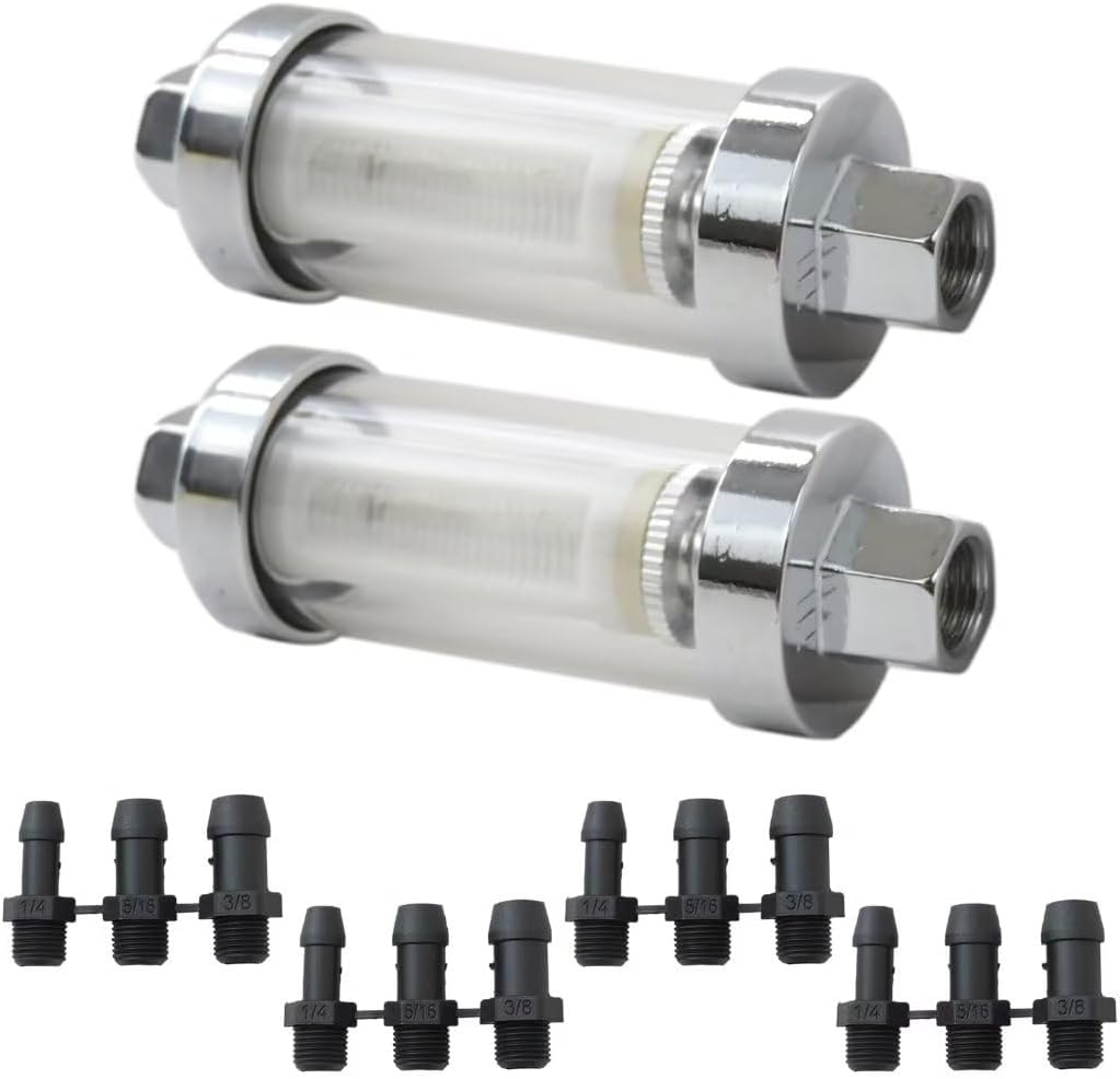 Universal 1/4" 5/16" 3/8" 2Pcs Fuel Filter Chrome Glass Reusable Washable Inline with Stylish Chrome and Glass