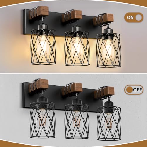 Image of IZORRO Farmhouse Bathroom Vanity Light, 3-Light Wood Bathroom Light Fixtures Over Mirror, Black Industrial Vanity Lights with Metal Shade, Rustic Restroom Lighting Fixtures