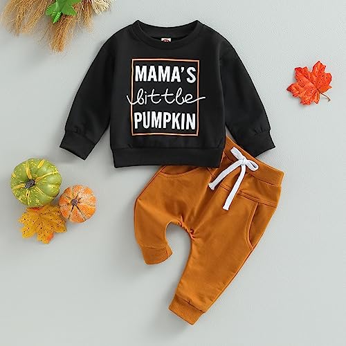 Allshope Toddler Baby Boy Halloween Outfit Mamas Little Pumpkin Print Crewneck Top Sweatshirt Pants Set Cute Newborn Fall Clothes thumb #1
