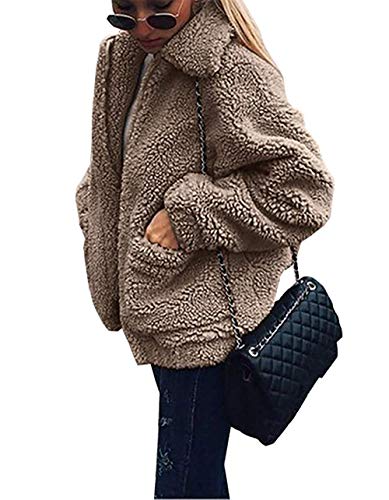 Women's Fashion Long Sleeve Lapel Zip Up Faux Shearling Shaggy Oversized Coat Jacket with Pockets Warm Winter,Khaki,XXL