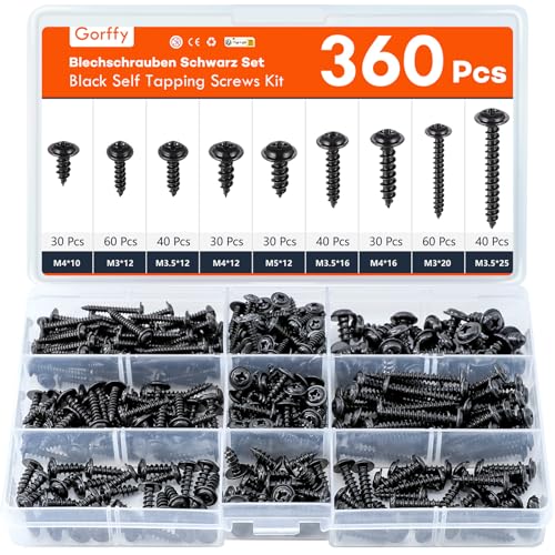 Gorffy Blechschrauben, 360 PCS Schwarze Schrauben, Selbstschneidende Schrauben mit Senkkopf, Holzschrauben Sortiment mit Aufbewahrungsbox für DIY-Projekt, Reparatur