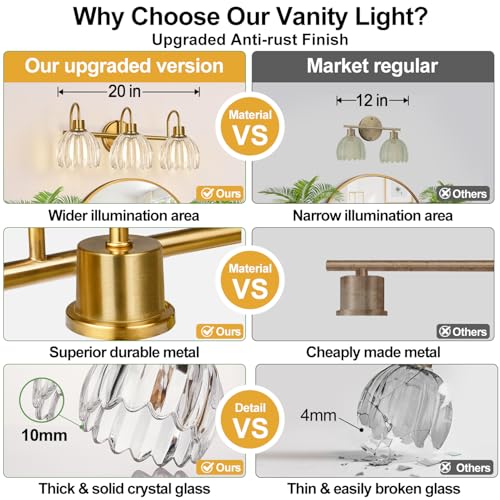 Image of 3-Light Bathroom Light Fixtures, 20 inch Brushed Gold Vanity Lights for Bathroom with Ribbed Clear Tulip Glass Shade, Vintage Wall Vanity Lighting Fixtures Over Mirror for Bathroom Living Room Hallway