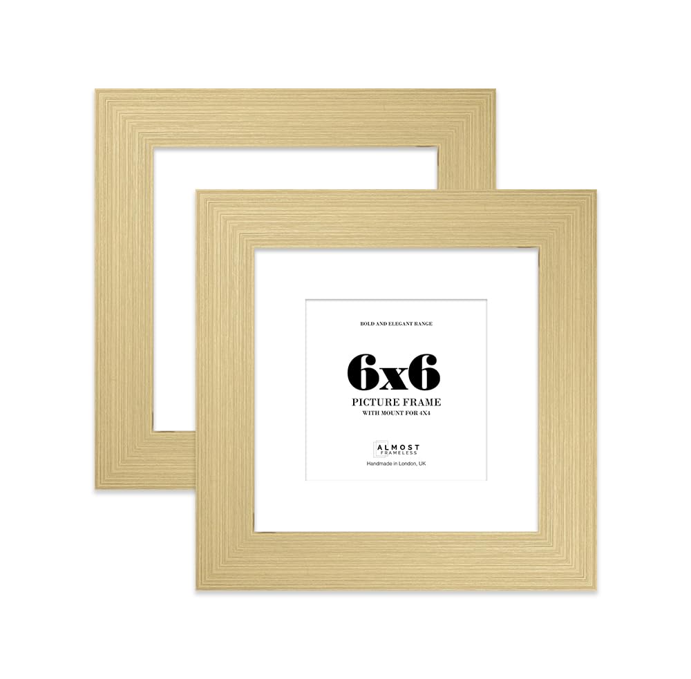 6x6" Gold Square Frame With Mount for 4x4" Pictures 28mm Edge Frame Display with Wall Hooks and Kickstand, 2 Pack