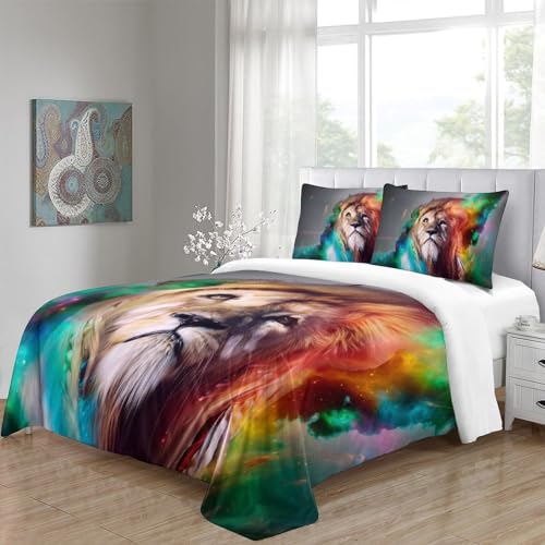 Housse de couette lion parure de lit 3 pièces microfibre king 220x240cm