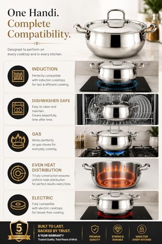 Image of Nova Triply Stainless Steel Handi with Lid 26cm | 6.5 Litre 2.5mm Heavy Gauge Tri-Ply Cookware | Induction & Gas Compatible Premium Stainless Steel Cooking & Serving Handi (20)