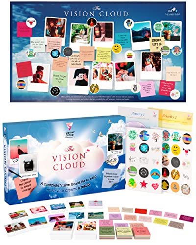 The Vision Cloud Vision Board Kit for Women Manifestation Supplies - 1 Dream Board - 100 Pictures - 60 Affirmation Cards - 40 Stickers - Mounting Putty - & Self-Adhesive Strips Adult Mood Board