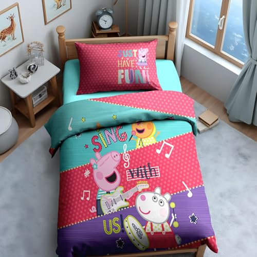 Image of Sassoon Peppa Pig (Sing) Digital Printed, Cotton Single Bedsheet, 300 TC, 1 Pillow Cover, Fade Resistant, Bedsheet for Kid's Bedroom, (1.50m X 2.35m)