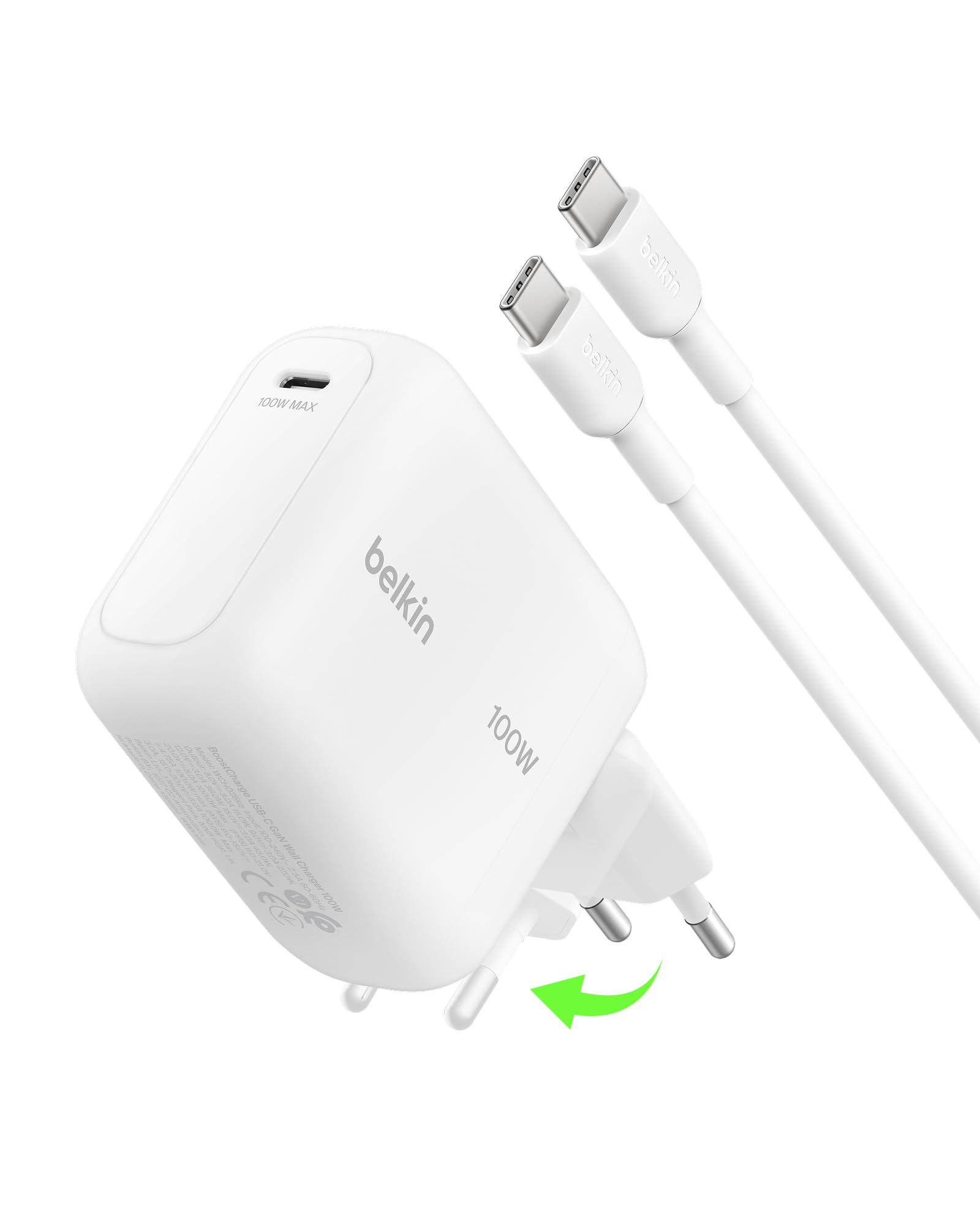 Belkin BoostCharge Cargador USB C, Cargador GAN Compacto 100W Plegable, Carga Rápida, Enchufe USB C Pared, Cable USB C de 1,5 m, iPhone 17, Samsung Galaxy S26, Pixel 10, AirPods - Blanco