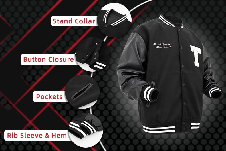Men's Varsity Jackets Y2k'T'Embroidery Baseball Bomber Jacket Unisex Vintage Letterman Wool&Faux Leather Coat4