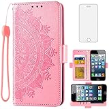 Asuwish Compatible with iPhone 5S 5 SE 2016 5SE Wallet Case Tempered Glass Screen Protector Card Holder Flip Cell Phone Cover for iPhone5 iPhone5s iPhoneSE iPhone6se i 6SE iPhone5se Rose Gold