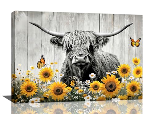 Highland Cow Wall Art, Sunflower Daisy Butterfly Pictures Wall Decor Farmhouse Canvas Prints Framed Artwork Paintings Poster Home Office Decorations For Bathroom Bedroom Living Room Kitchen 24" X 16"