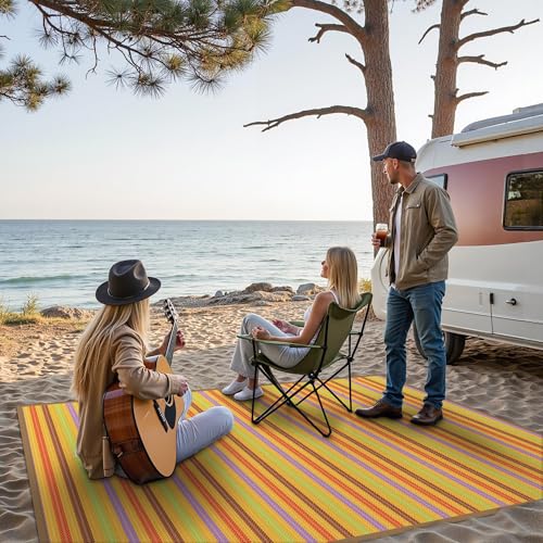 Image of GENIMO Outdoor Rug, Waterproof Plastic Rugs for Patio, 6'x9' Rainbow | Outside Larger Modern Carpet Mat for Porch Decor, Deck, Balcony, Camping, RV, Backyard, Picnic, Beach, Reversible, Foldable