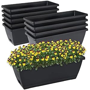 Window Box Planter, 10 Pack Plastic Vegetable Flower Planters Boxes 17 Inches Rectangular Flower Pots with Saucers for Indoor Outdoor Garden, Patio, Home Decor (Black)