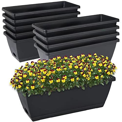 Window Box Planter, 10 Pack Plastic Vegetable Flower Planters Boxes 17 Inches Rectangular Flower Pots with Saucers for Indoor Outdoor Garden, Patio, Home Decor (Black)