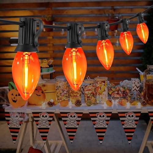 Image of 12FT C7 Orange LED String Lights, Black Wire Outdoor Halloween | IP44 Waterproof & Shatterproof, End-to-End Connectable, Perfect for Patio, Porch, Railing, Party or Holiday Decor