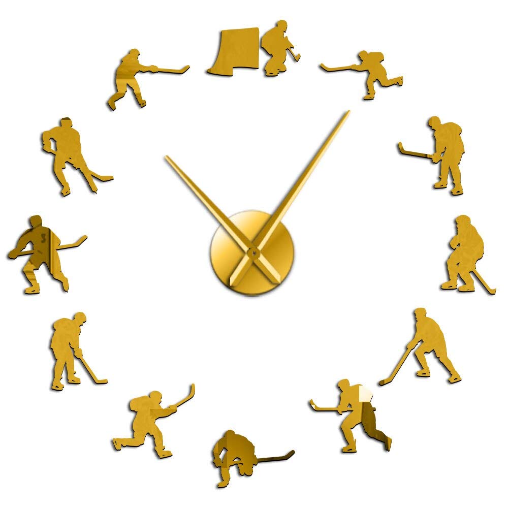 YH Hockey Wall Hanging Sport Wall Art Stickers DIY Large Wall Clock Ice Hockey Players Home Decor Frameless Wall Watch Gift For Man(Gold,27IN)