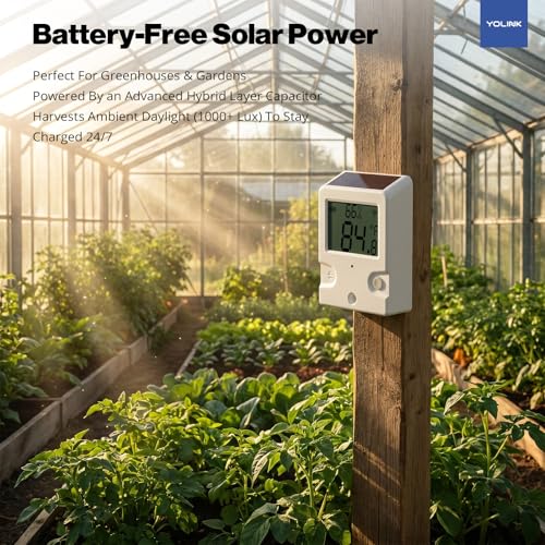 Image of YoLink Outdoor Solar Thermometer Hygrometer, Long-Range with LCD Display, Solar-Powered, Weatherproof Monitoring for Greenhouse, Porch & Shed, Hub Required, YS8002