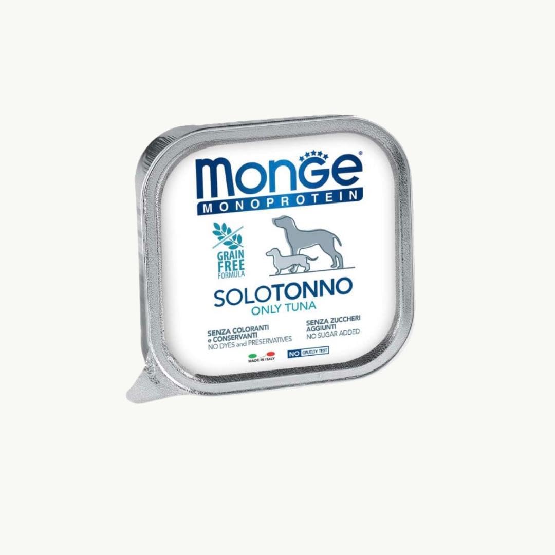 Monge Monoprotein húmedo perro sabor solo atún fórmula grainfree | 12 latas de 150 gramos cada una.